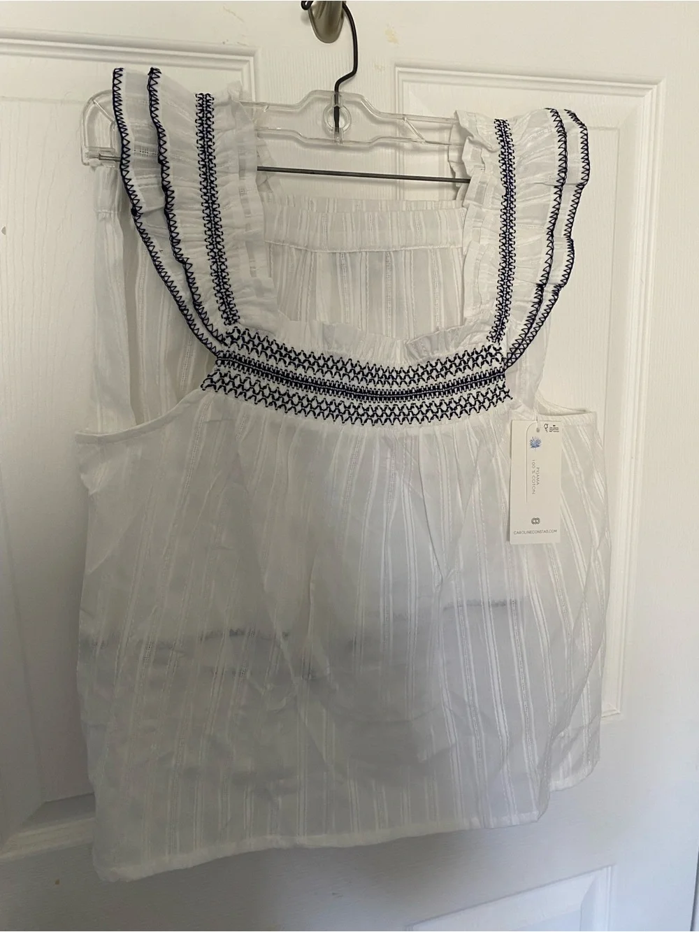 Caroline Constas 100% Cotton Two-Piece Tank & Shorts Set with Navy Trim NWT - Picture 3 of 5